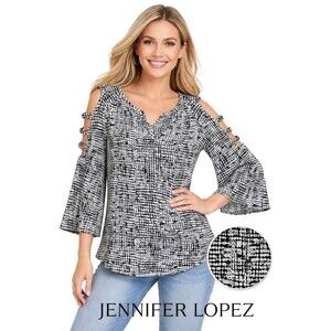 JENNIFER LOPEZ Women L V-Neck Georgette 3/4 Cut Out Sleeve Black White Print Top